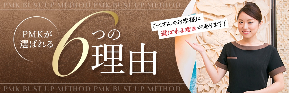 PMKが選ばれる6つの理由 たくさんのお客様に選ばれる理由があります！ PMK BUST UP METHOD PMK BUST UP METHOD