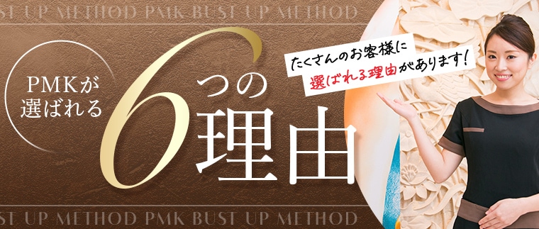 PMKが選ばれる6つの理由 たくさんのお客様に選ばれる理由があります！ PMK BUST UP METHOD PMK BUST UP METHOD